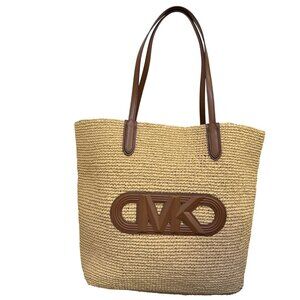 Michael Kors Straw Tote Bag With Leather Logo & Handles - Tan